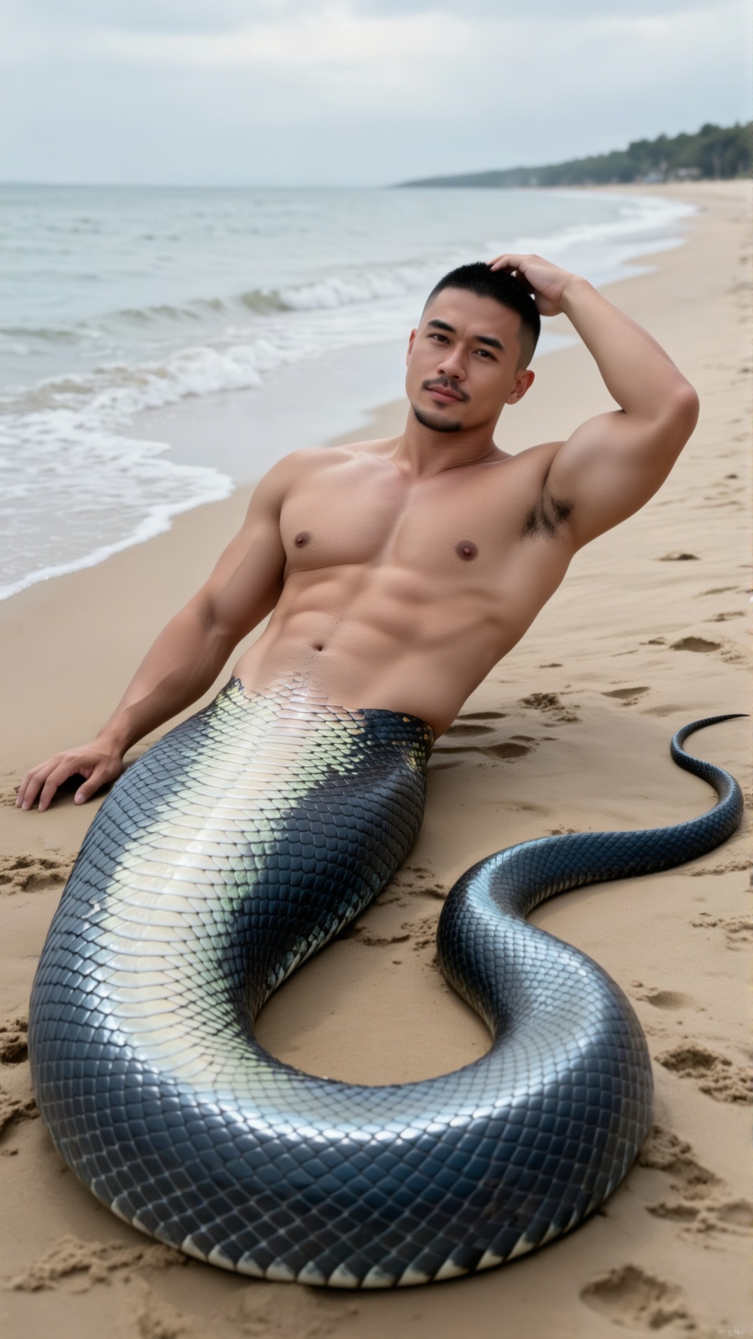 A serpent - man: muscular shirtless human torso,  reclining on a sandy beach where gentle waves lap at the shore,  with hi...