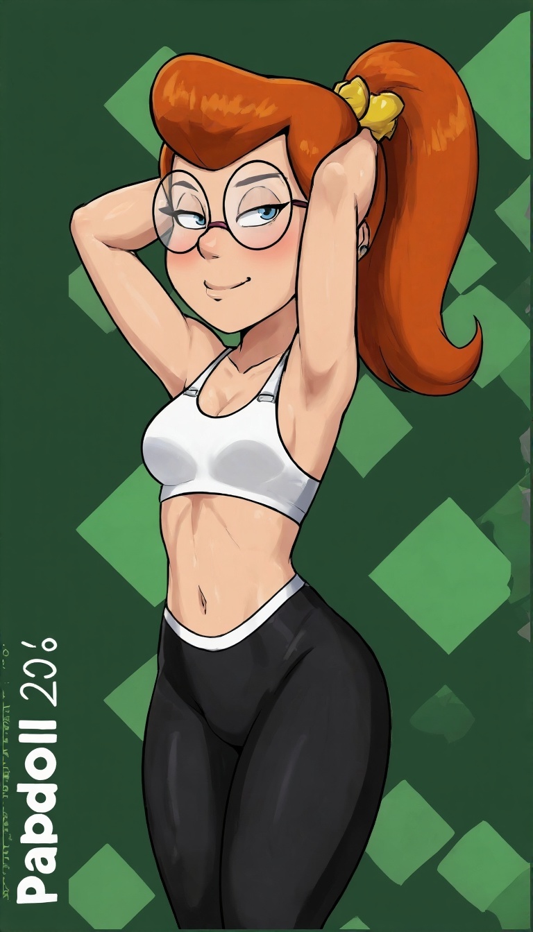 Digital drawing of a cartoon-style female character with light skin and red hair in a high ponytail. She wears glasses,  a...