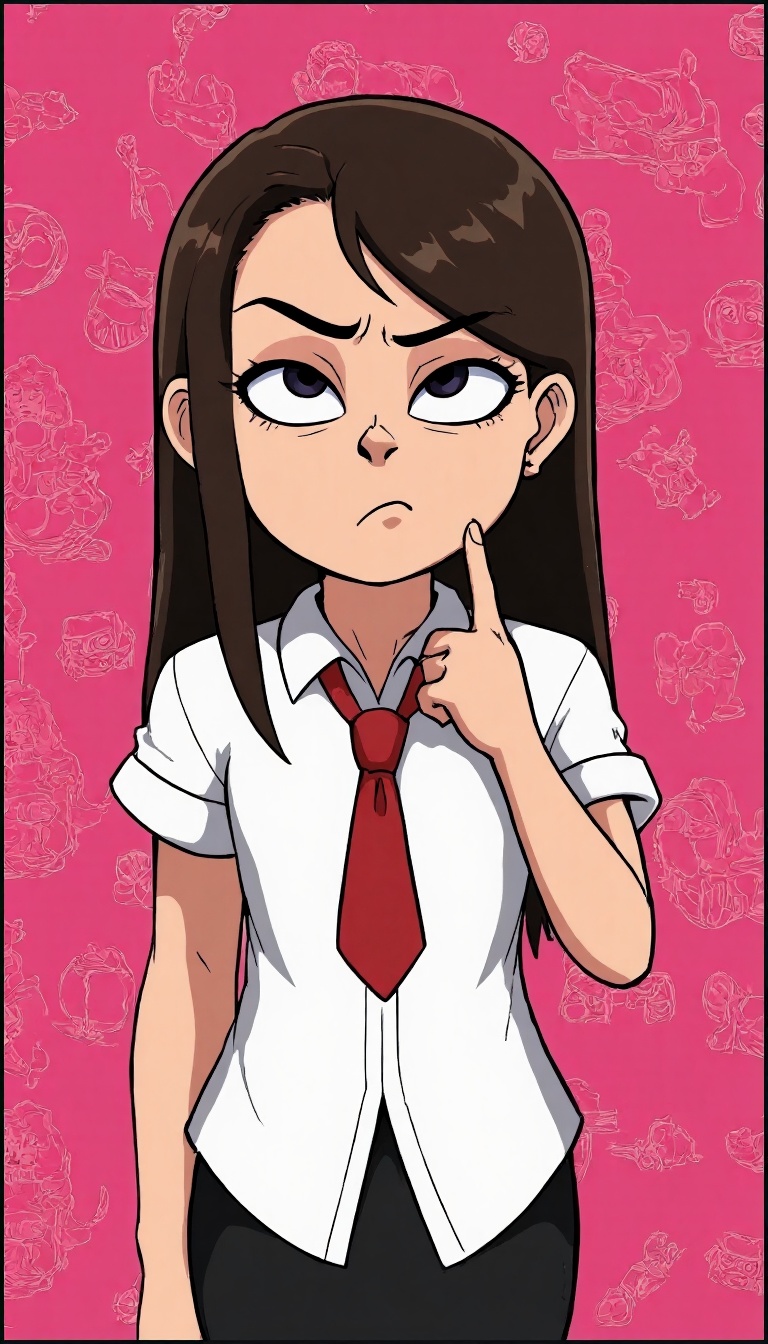 This is a digital cartoon illustration of a young female character with a slightly annoyed expression. She has large,  exp...