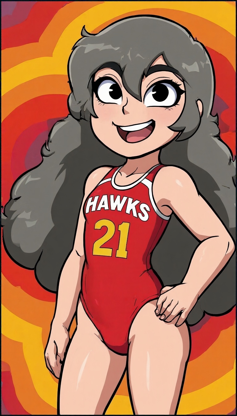 This is a digital cartoon-style illustration of a young girl with long,  gray hair and large,  expressive black eyes. She...