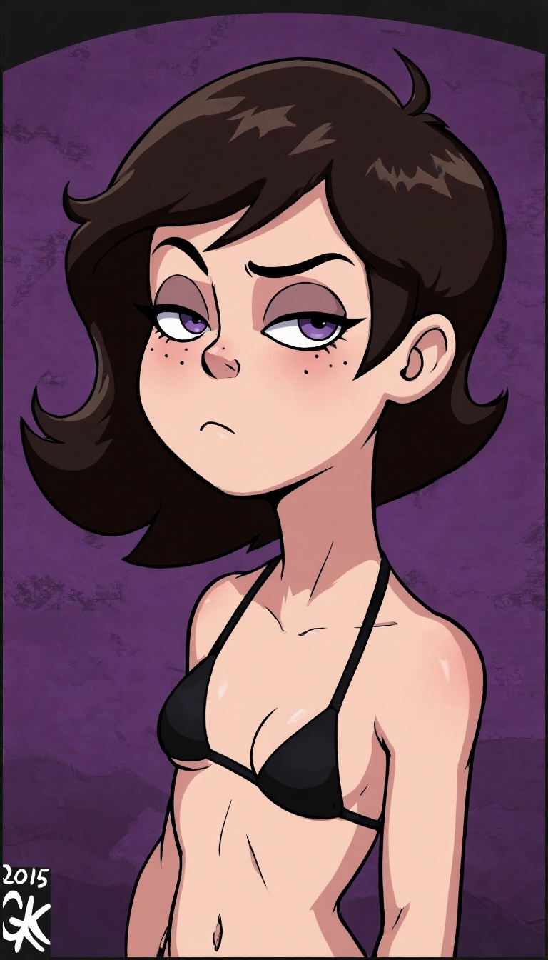 This is a digital cartoon illustration of a young woman with a disinterested expression. She has short,  dark brown hair w...