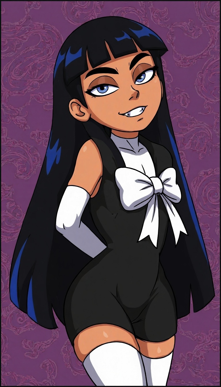 Digital cartoon illustration of a young woman with tan skin and large,  expressive eyes. She has long,  straight black hai...