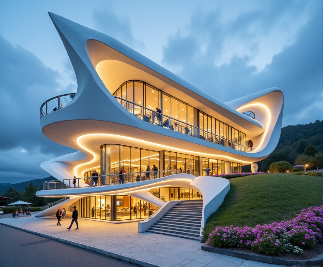 Captured at eye-level on a cloudy day,  a modern building is adorned with a unique architectural design. The building is m...