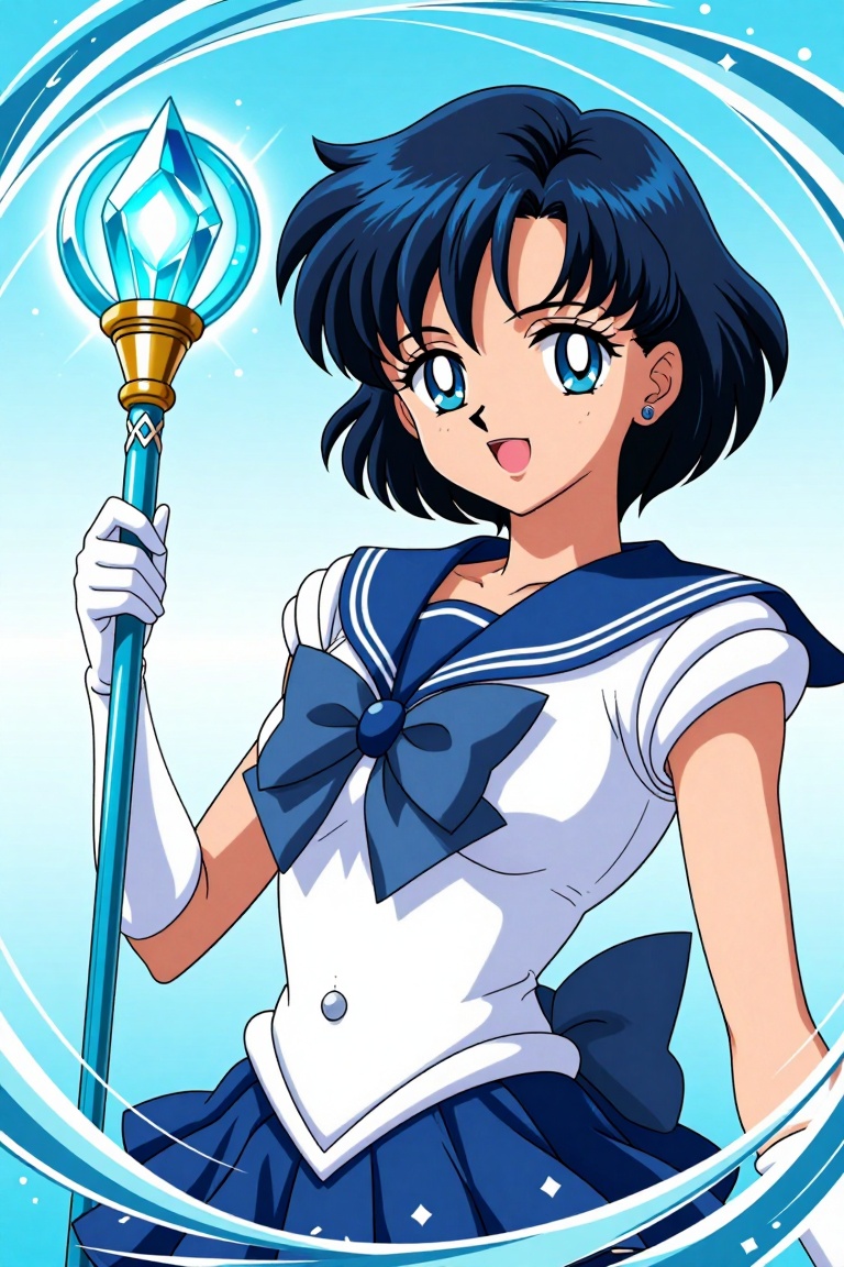 digital illustration of a young woman with short,  dark blue hair styled in a casual bob. She is wearing a white sailor-st...