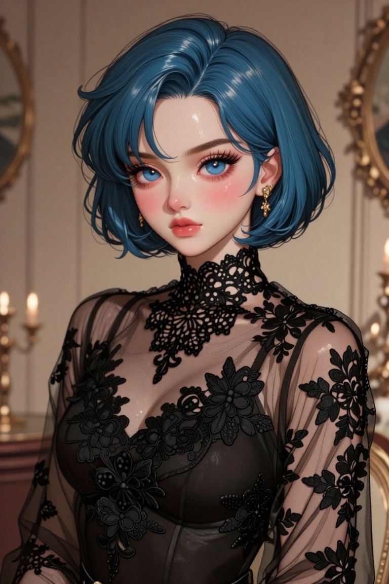 digital illustration of The image shows a woman with short,  blue hair styled in a bob cut. They are wearing a black lace...