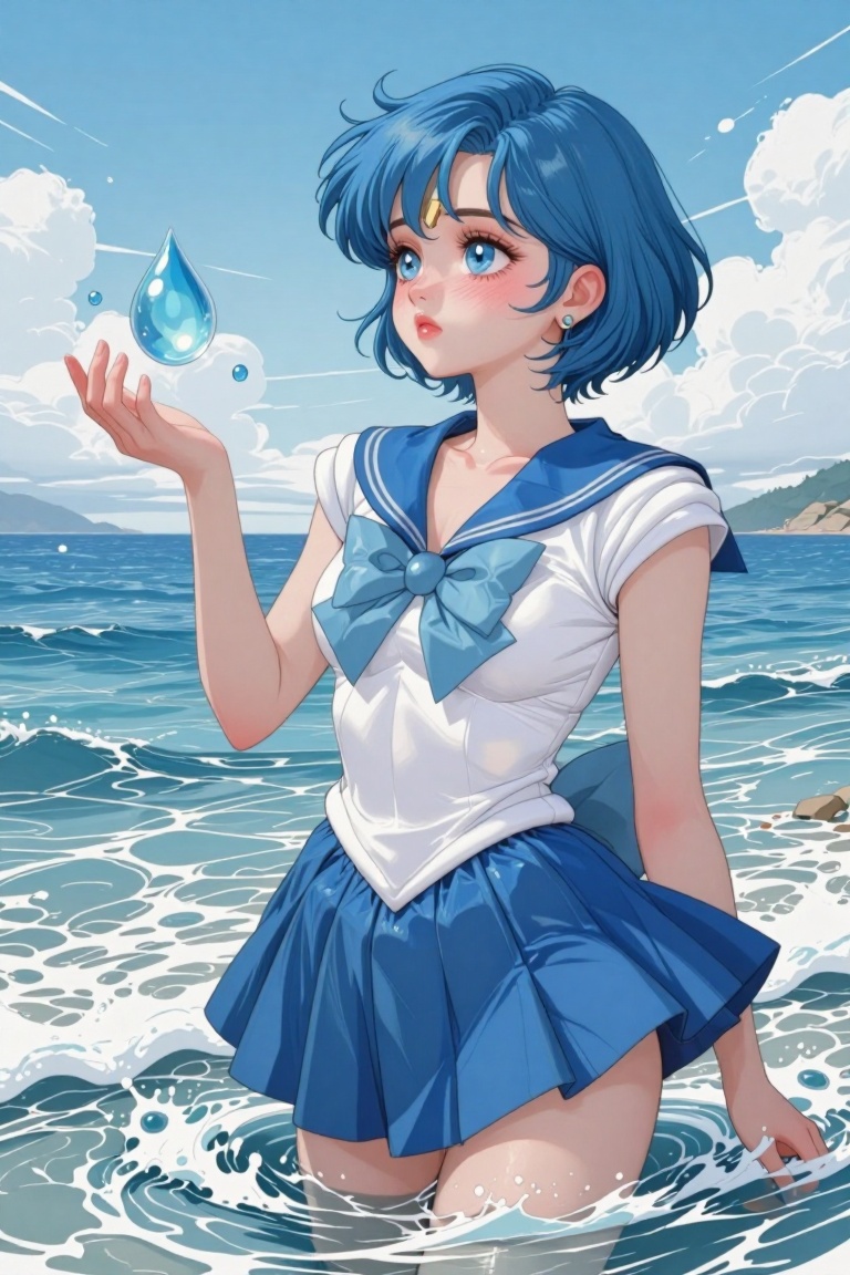 digital illustration of The image depicts a young woman with short blue hair,  wearing a sailor-style outfit consisting of...