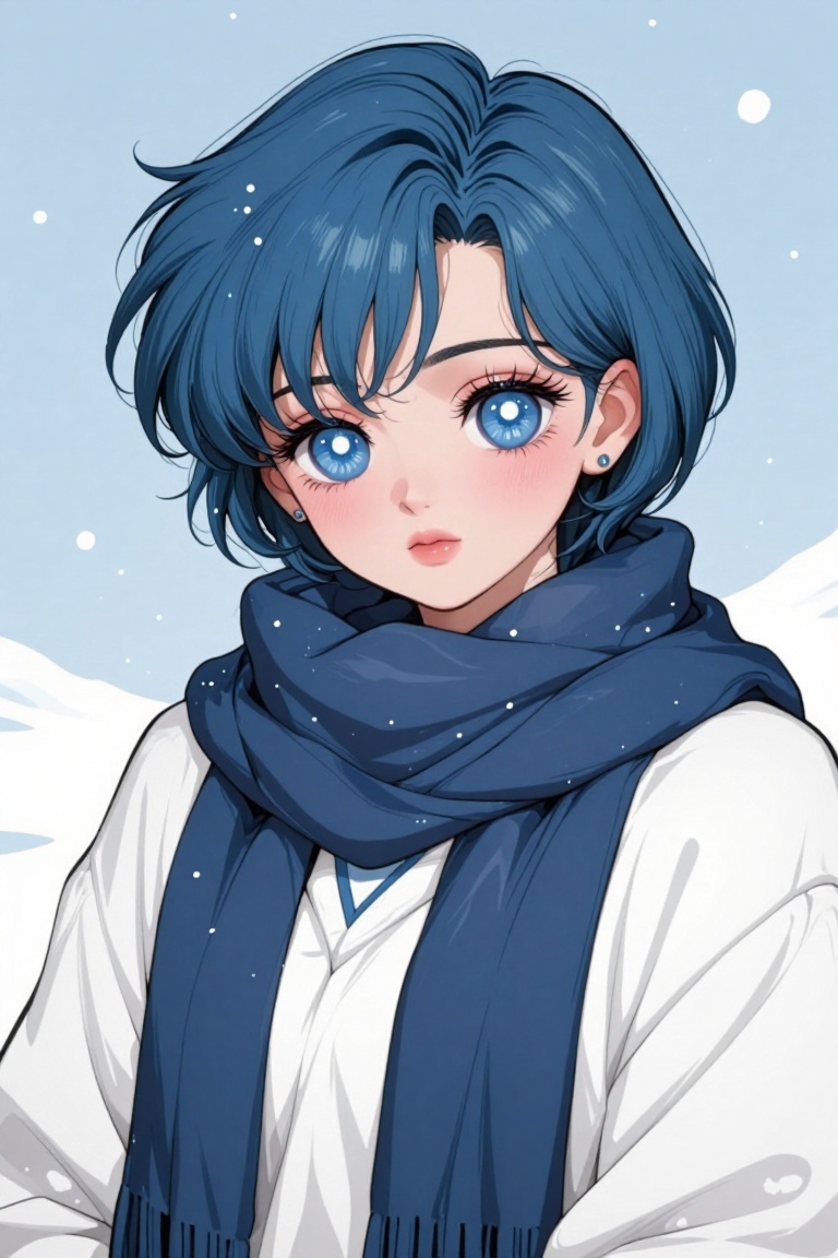 digital illustration of The image depicts a character with short,  blue hair styled in a tousled manner,  wearing a white...