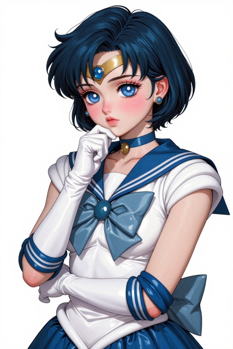 digital illustration of The image depicts a character with short,  dark blue hair styled in a bob cut. The character is we...
