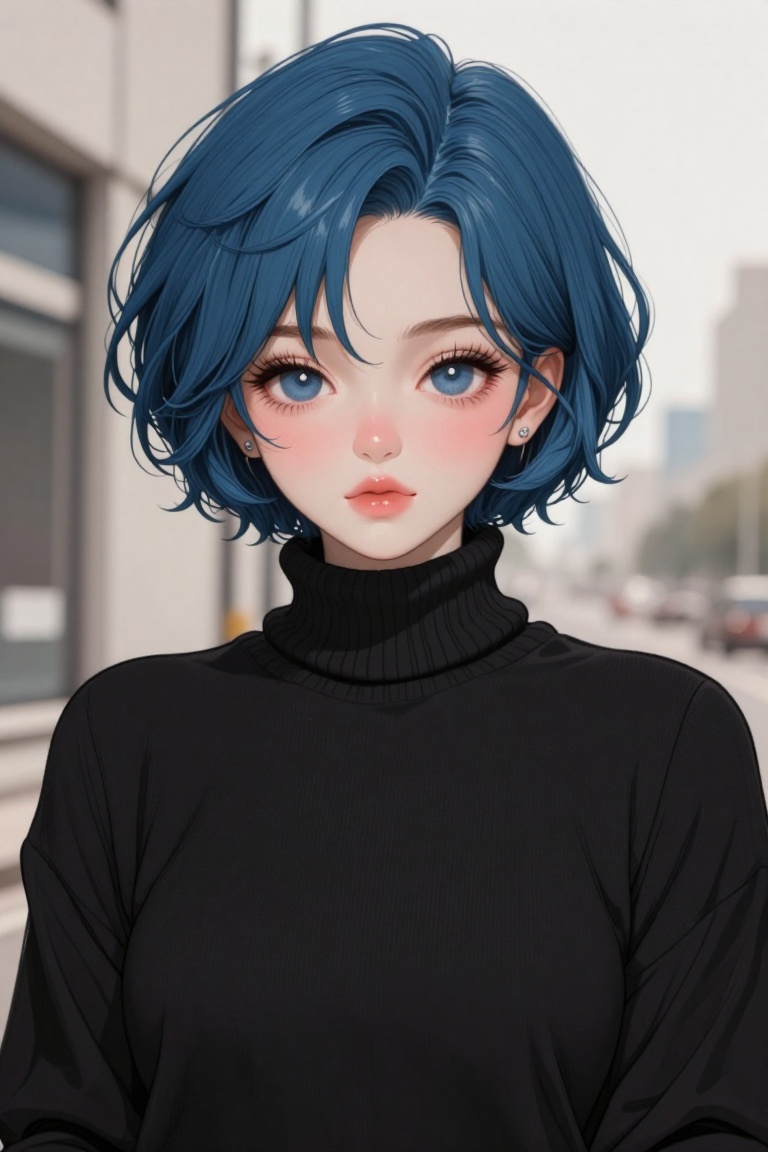 digital illustration of The image shows a young woman with short,  blue hair styled in a slightly tousled manner. She has...