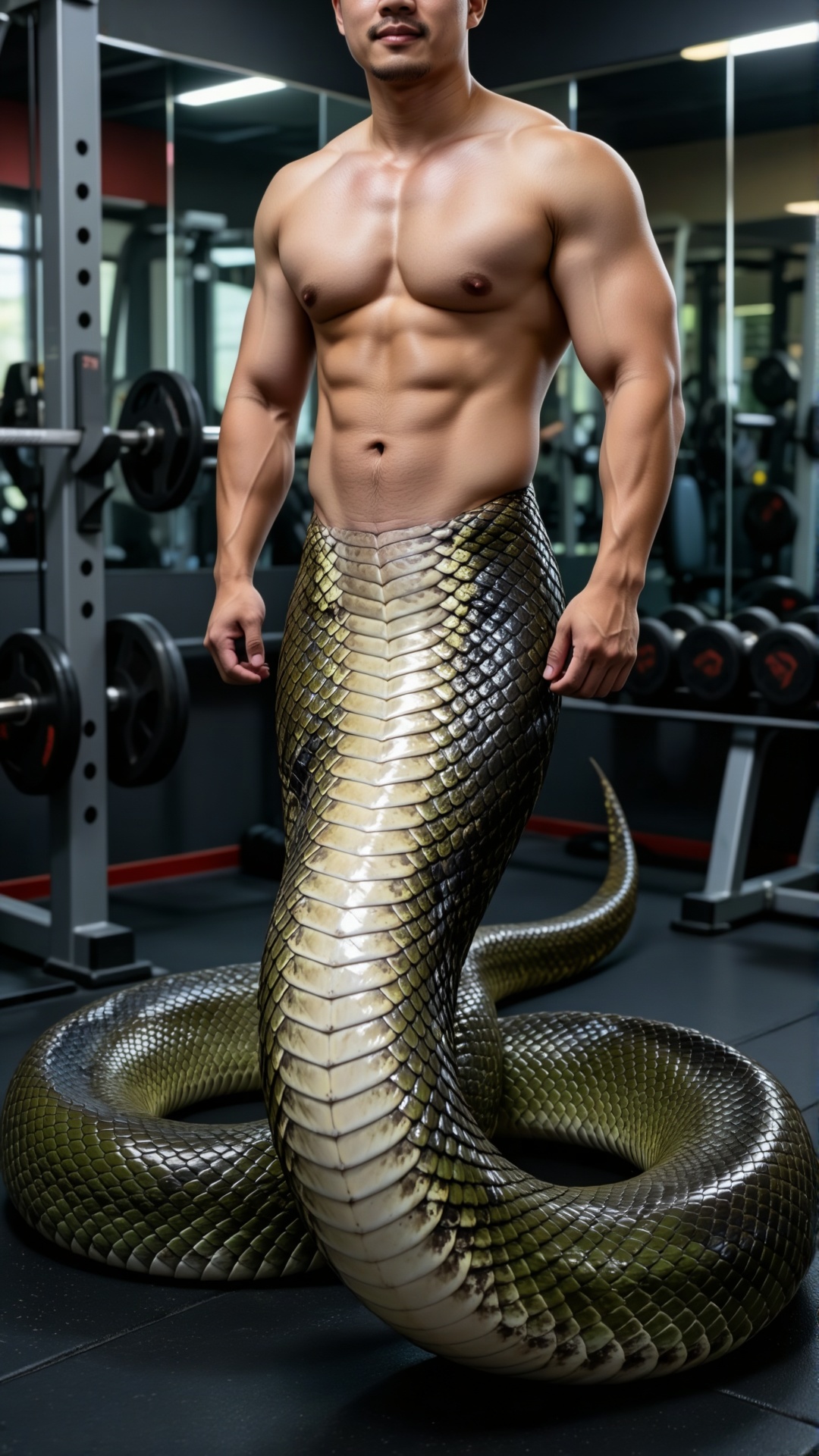 A serpent - man: muscular human torso (shirtless),  from belly button down a thick green snake tail with pale underbelly s...