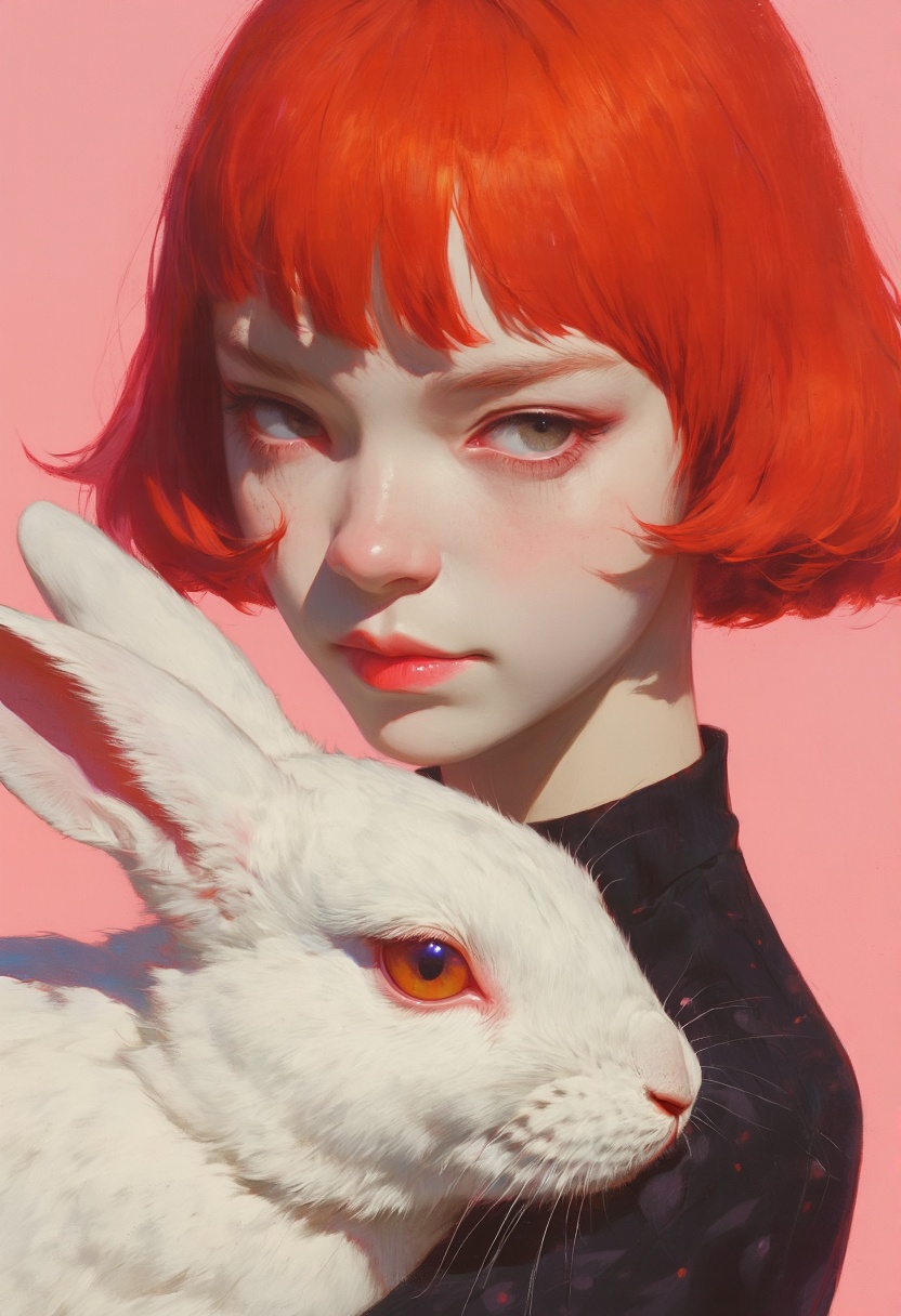 animaport,  portrait of a woman with short red hair and a white rabbit,  against a soft pink background on Tensor.Art
