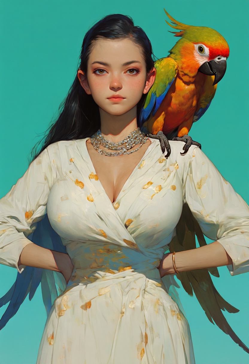 Create an animaport in realism digital art style featuring a big-breasted woman with sleek black hair,  standing gracefull...
