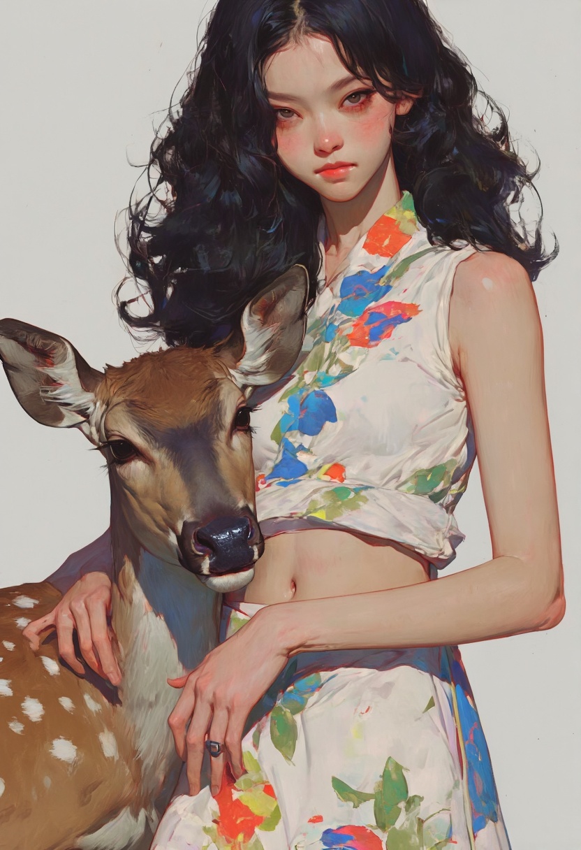 Create an ultra-realistic digital painting illustration of an Asian woman with wavy dark hair and a gentle deer by her sid...