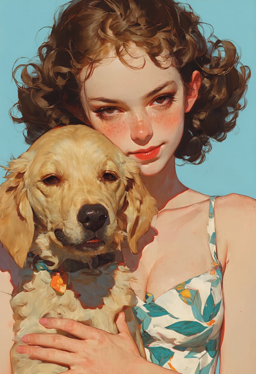 ultra realistic digital illustration in the style of Animaport,  featuring a woman with curly brown hair and a golden retr...