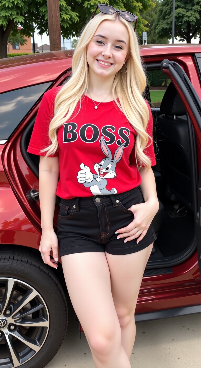 Bulebarbi3,  A young woman with long,  wavy blonde hair and a soft smile stands leaning against a red car with its door aj...