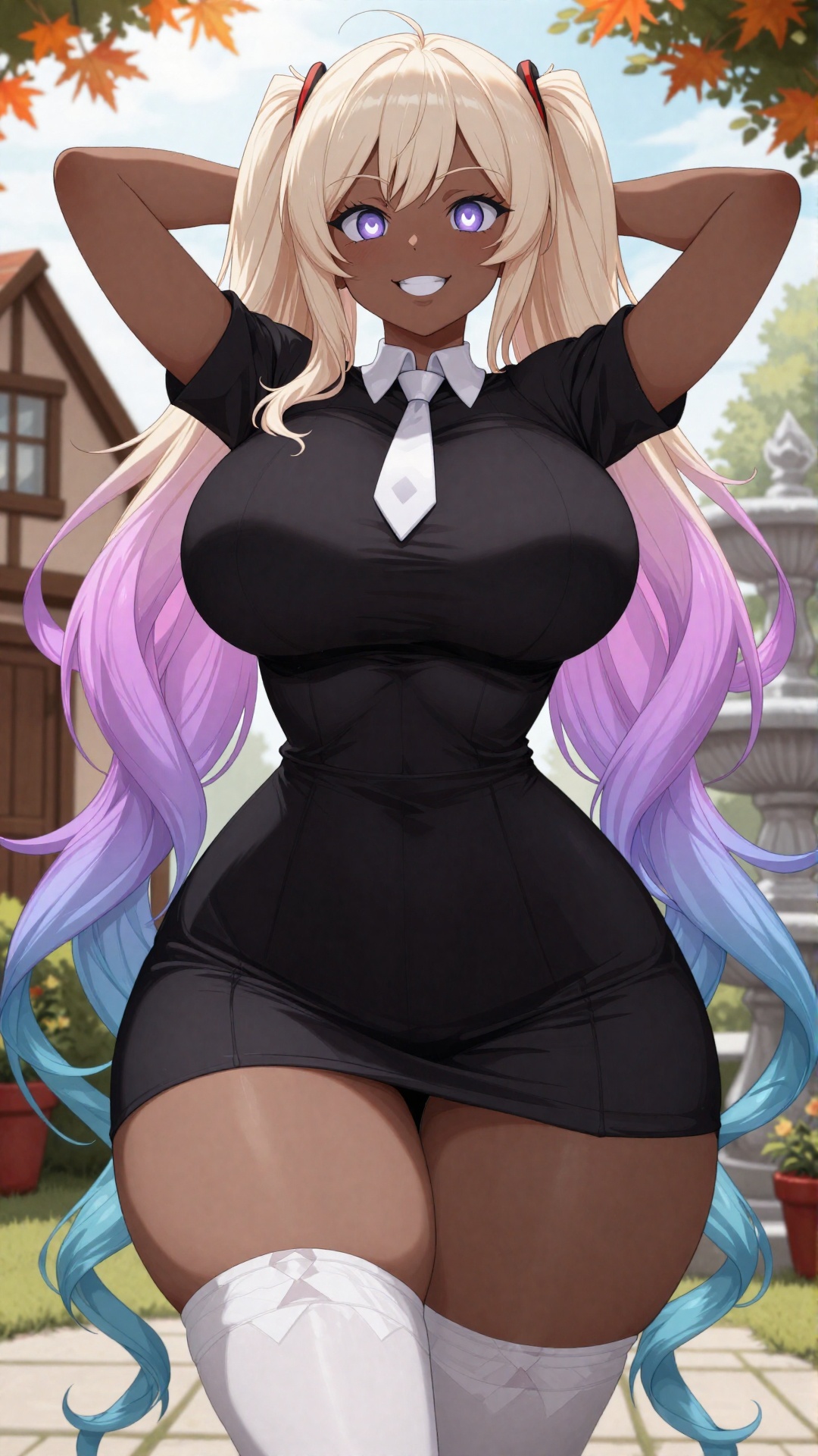 This digital anime-style illustration features a curvy,  dark-skinned woman with long,  blonde hair with blue and purple g...