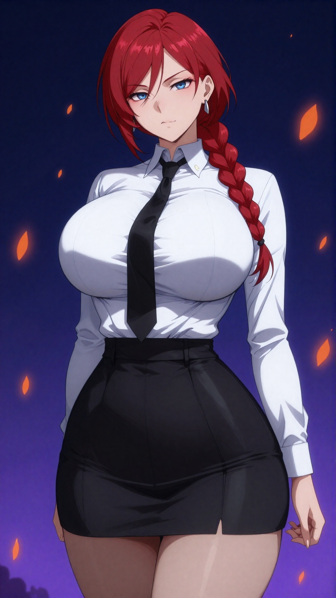 this is a digital anime-style drawing of a red-haired woman with fair skin and blue eyes,  she has a long,  braided ponyta...