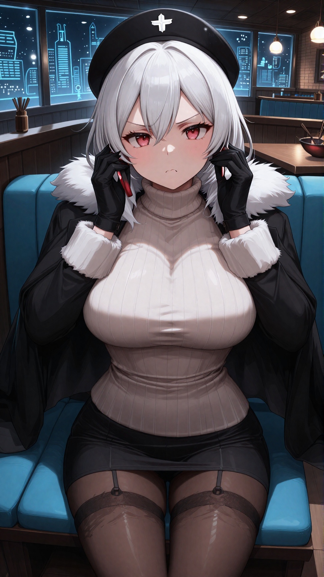 This is a digital anime-style illustration depicting a young woman with short,  white hair and red eyes,  sitting in a mod...