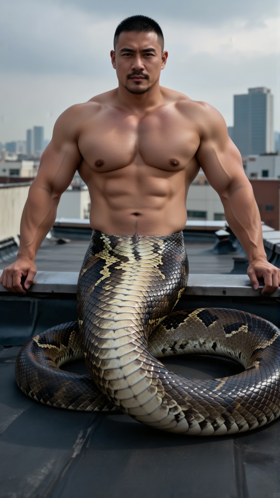 A serpent - man: extremely muscular human torso (shirtless),  from belly button down a thick,  brown - patterned scaled sn...