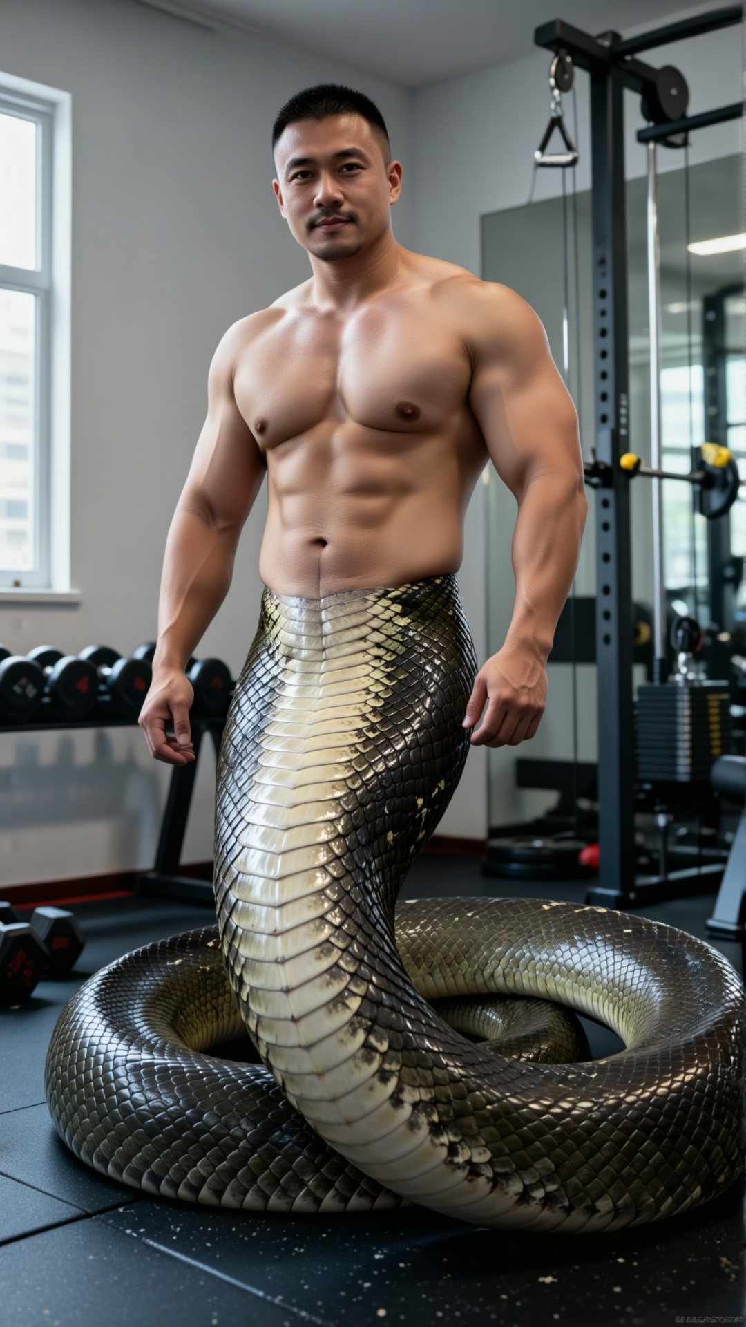 A serpent - man: muscular human torso (shirtless),  from belly button down a thick green snake tail with pale underbelly s...