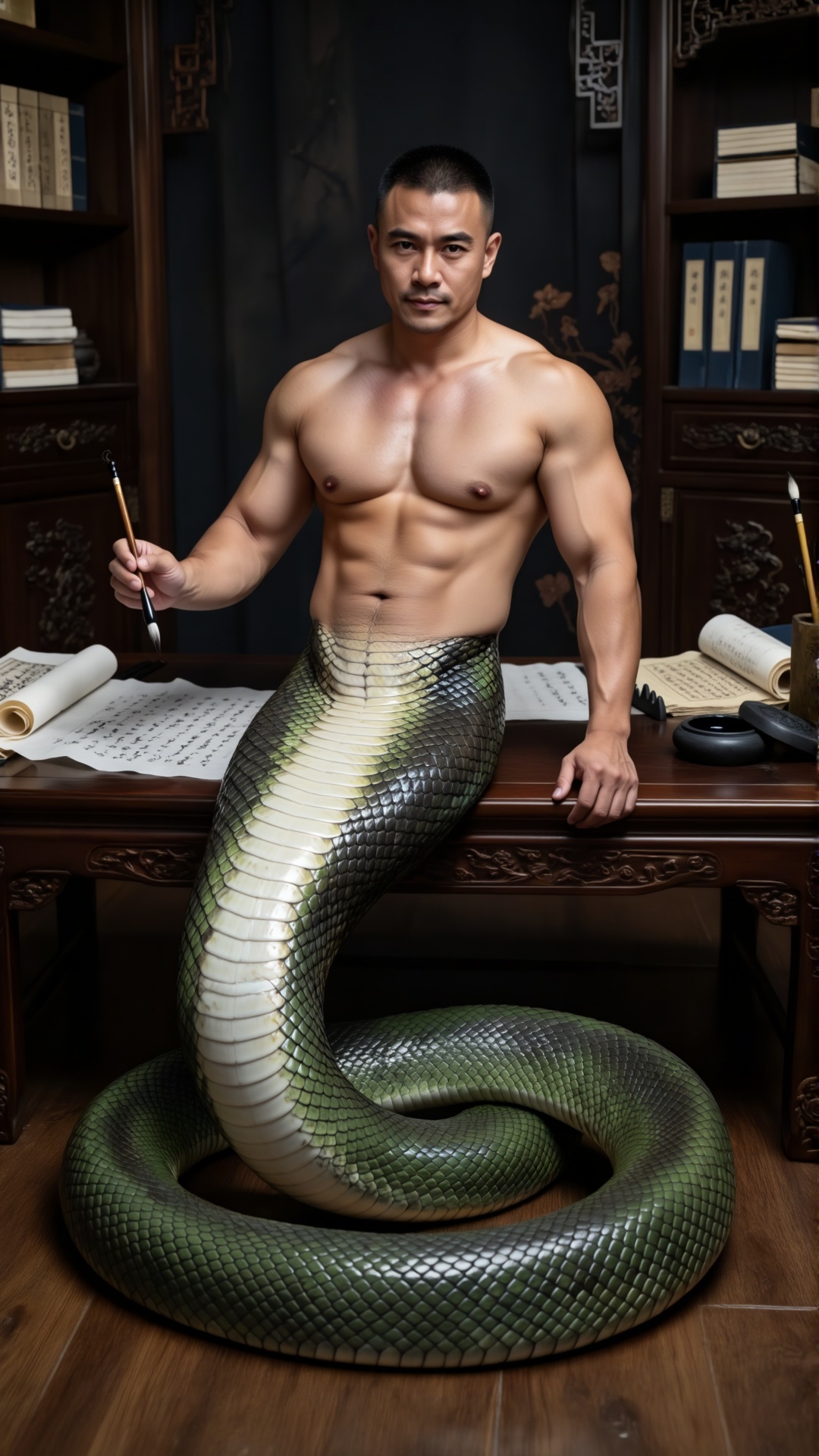 蛇人男性 健硕赤裸的人类上半身,  肚脐以下衔接粗壮的绿色蛇尾,  腹部鳞片呈浅白色；身躯盘绕在古色古香的书房之中 by 一起旅行 on Tensor.Art