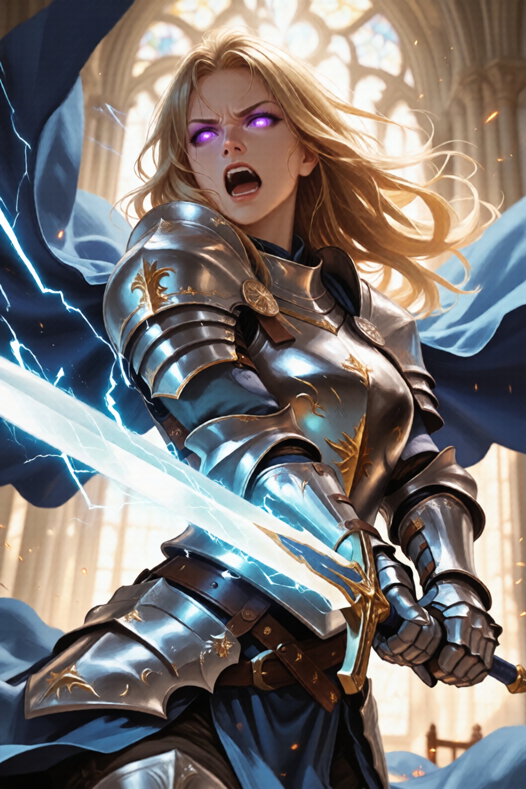 a powerful female warrior stands in a grand,  sunlit cathedral,  her long blonde hair flowing dramatically by 秦皇术士 on Tens...