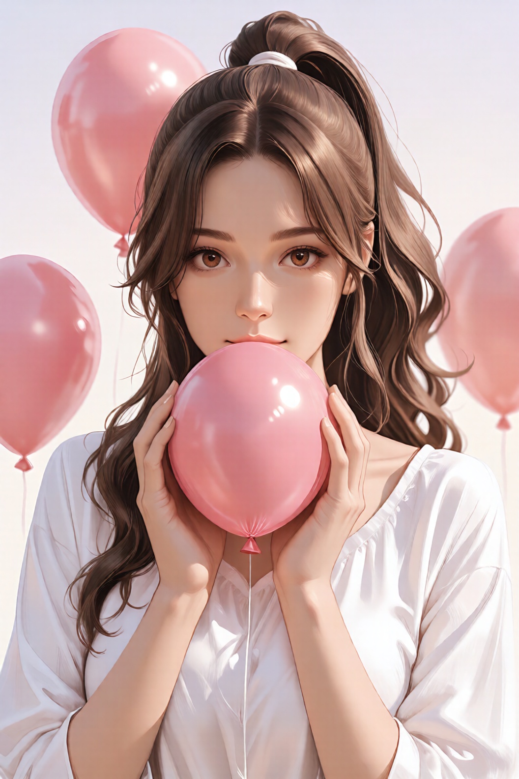 the image portrays a serene and softly lit portrait of a young woman with long,  wavy brown hair styled in a high ponytail...