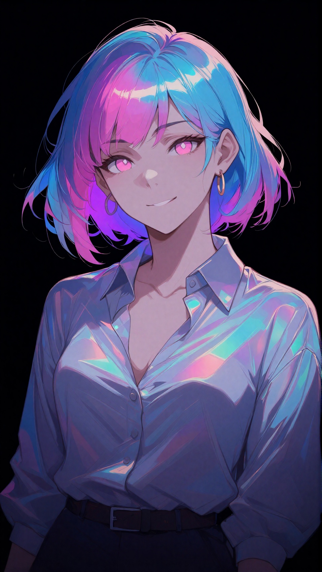 Digital anime-style drawing of a young woman with short,  wavy hair featuring vibrant,  iridescent colors of blue on Tenso...