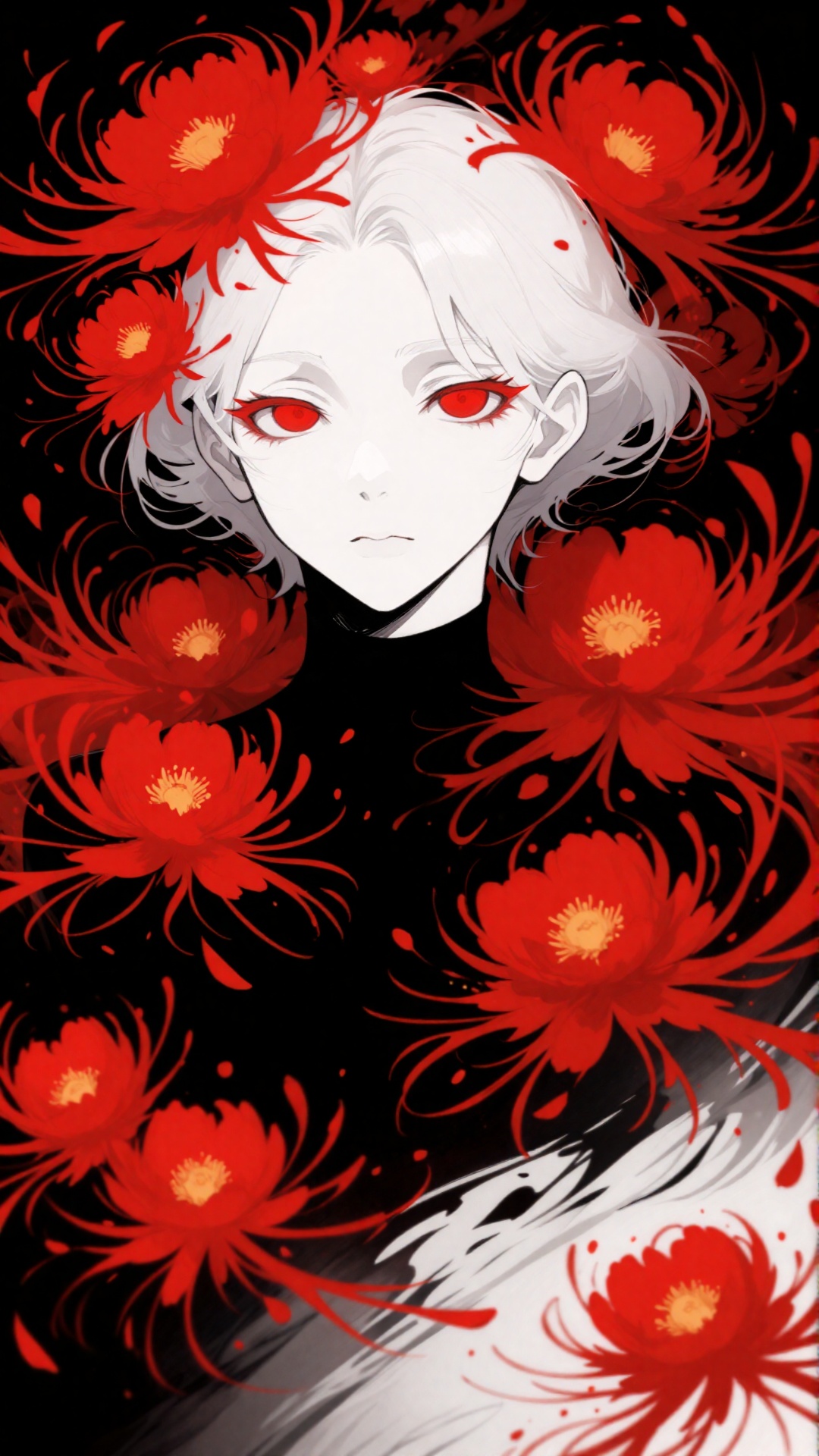 This is a digital anime-style drawing featuring a pale-skinned,  androgynous character with white,  slightly messy hair an...