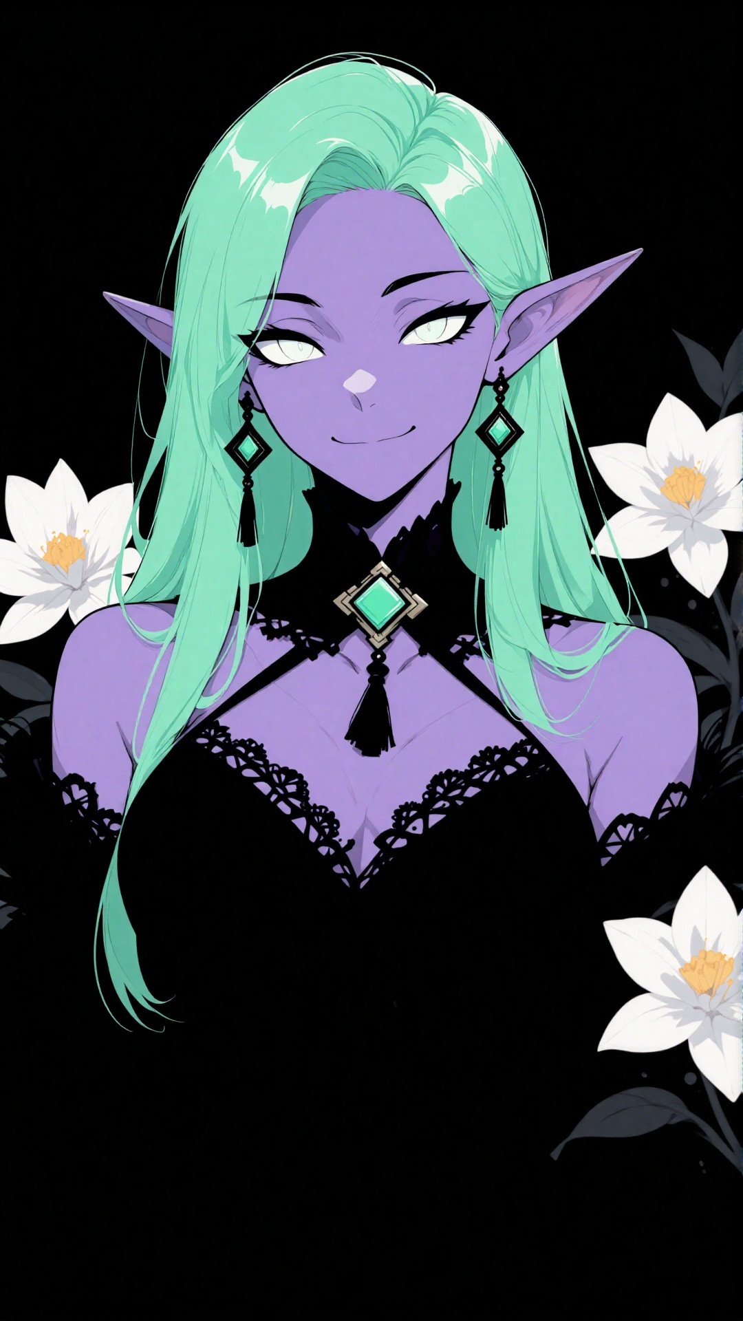 This digital anime-style portrait features a purple-skinned,  elf-like woman with long,  mint-green hair and pointed ears....