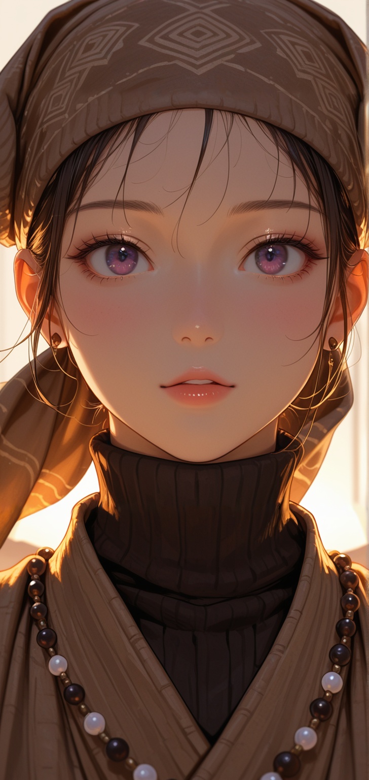 captivating close-up portrait features a woman with mesmerizing,  pale hazel eyes that glow with a golden-green intensity,...