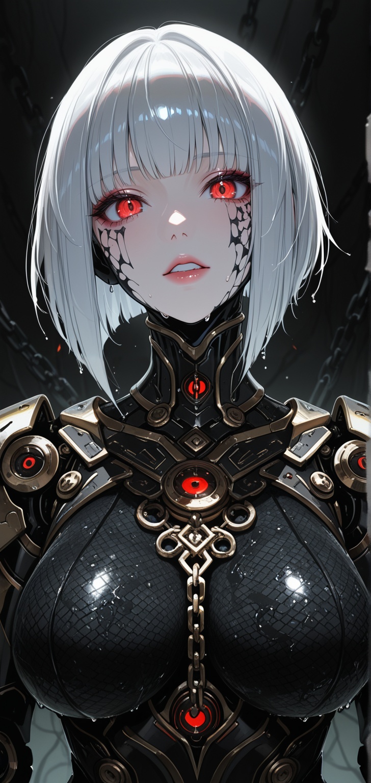 gothic cyberpunk female android portrait,  detailed circuit board patterns painted on pale white face,  pure black sclera...
