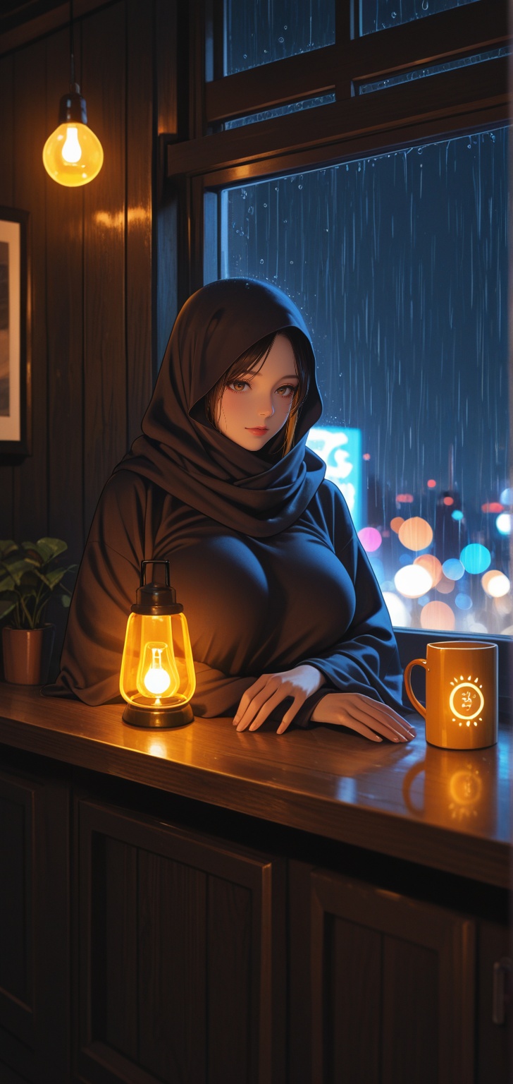 Ultra realistic cinematic indoor night scene,  moody café atmosphere,  young malay Malaysian woman wearing a fully coverin...