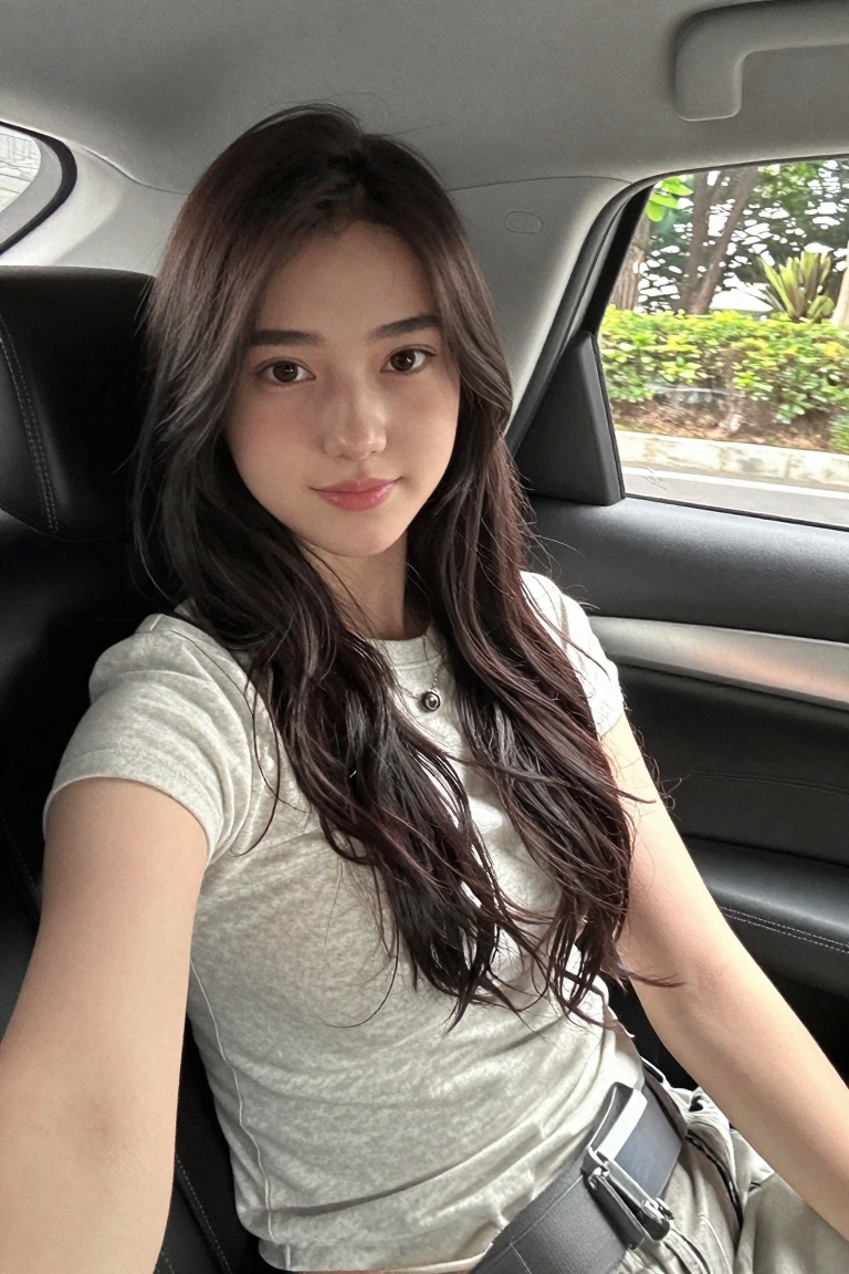 The image shows a person sitting in the backseat of a car. The person is wearing a light-colored,  t-shirt and has long,...