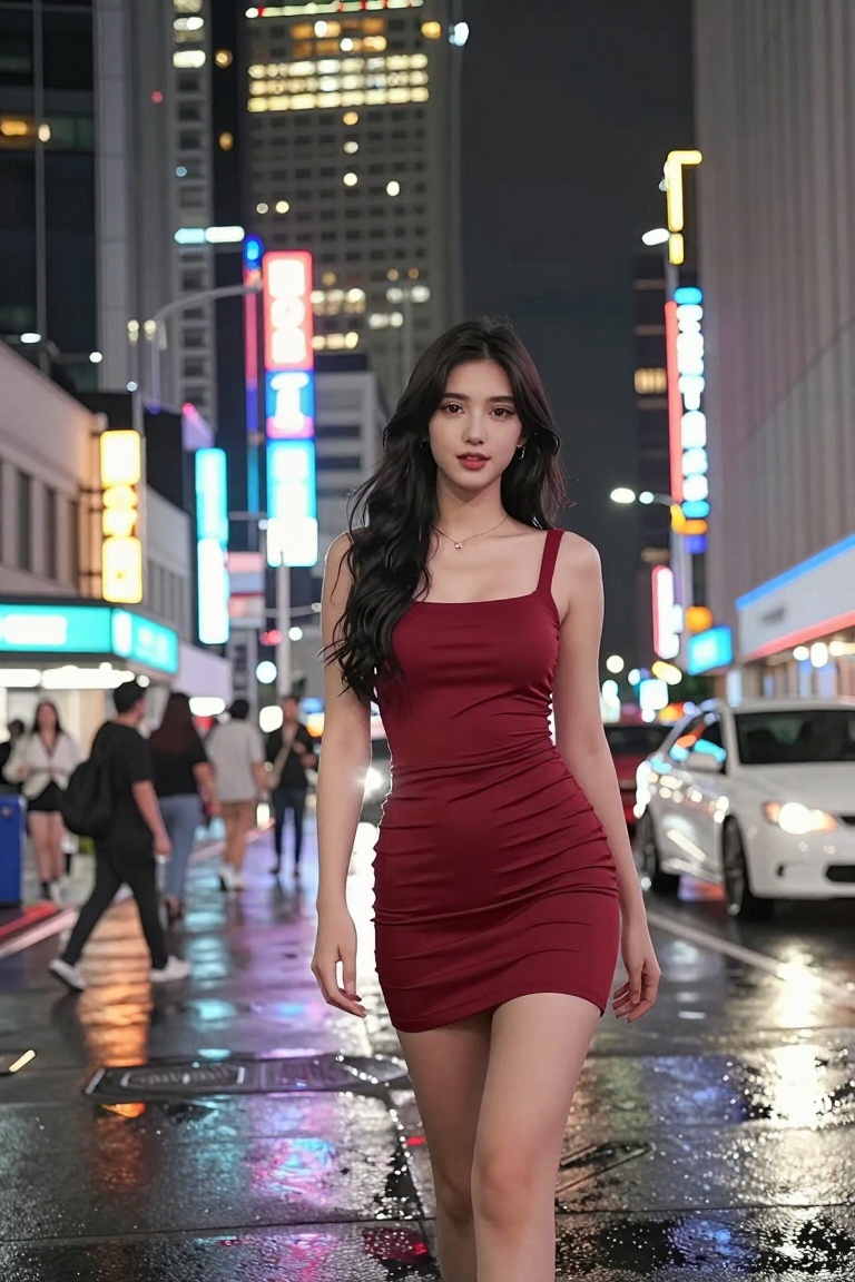 Create a vibrant scene featuring a beautiful young woman dressed in a sleek,  skin-tight mini dress. The dress should be a...