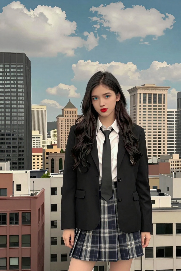 a young Asian woman stands in front of a backdrop of a cityscape. She is dressed in a black suit jacket,  a white collared...