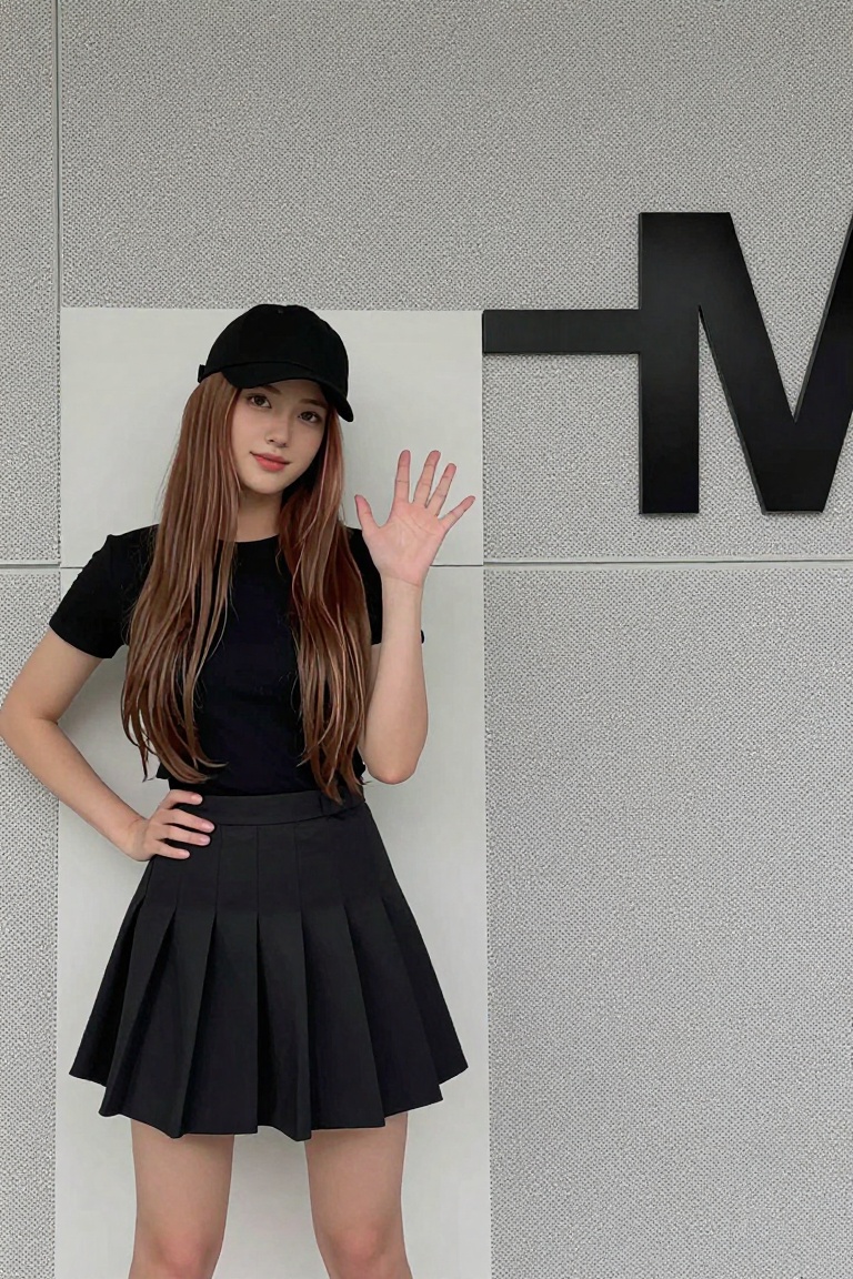 a young Asian woman stands against a stark white backdrop. She is wearing a black cap,  a black short-sleeved shirt,  and...
