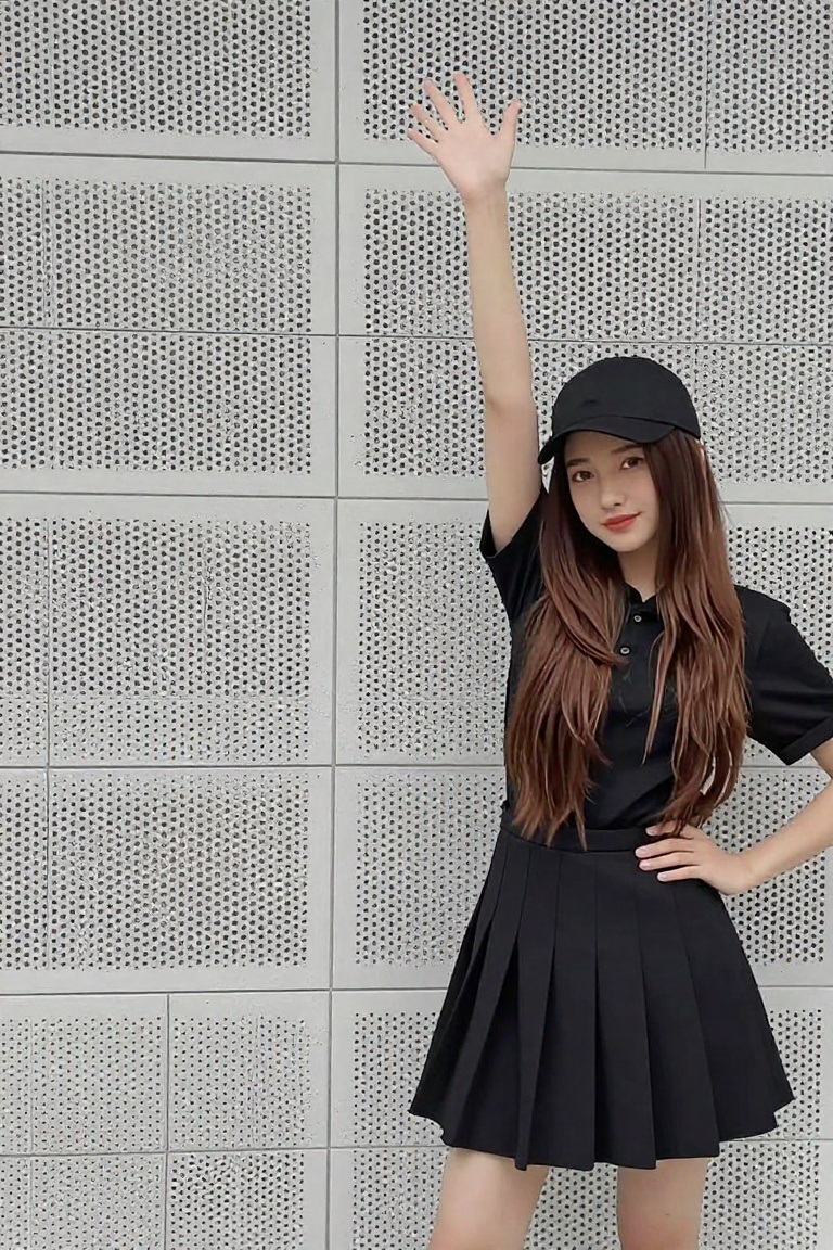 a young Asian woman stands against a stark white backdrop. She is wearing a black cap,  a black short-sleeved shirt,  and...