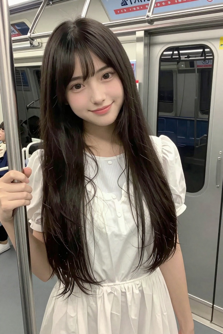 Create a vivid image of a young ***** woman with a sweet smile and soft,  cute features,  embodying a Japanese girlfriend...