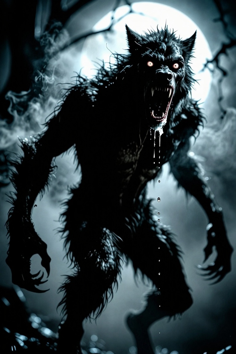 Grainy ,  sepia ,  eerie atmosphere . Create an image of a terrible werewolf . The figure of a werewolf - the eyes are wid...