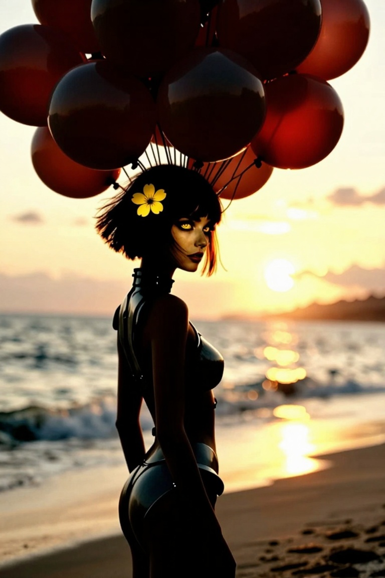 Create a picturesque image of a tranquil beach in the charming artistic style of Pino Daeni . A woman in a futuristic suit...