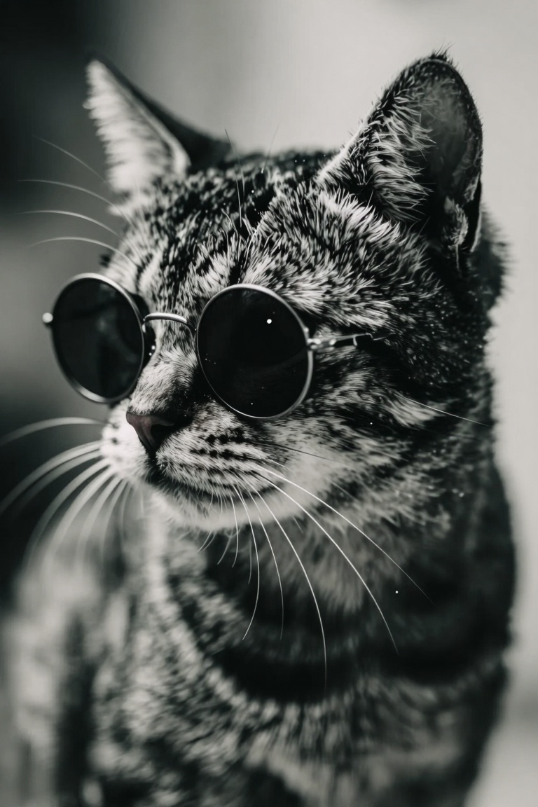 a cat with round,  black-rimmed sunglasses,  captured in a close-up shot. the cat's fur is a mix of gray and black stripes...