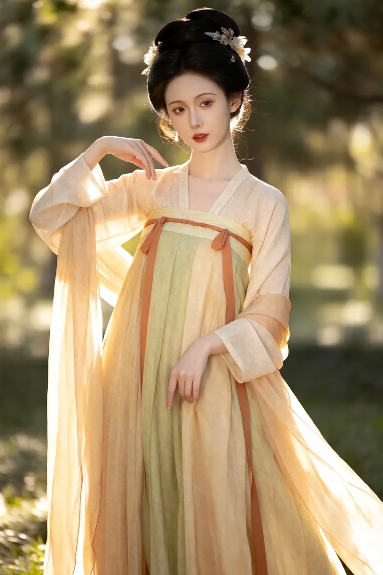 the image depicts a person dressed in an elegant,  traditional chinese hanfu,  the attire features soft by 秦皇术士 on Tensor.Art