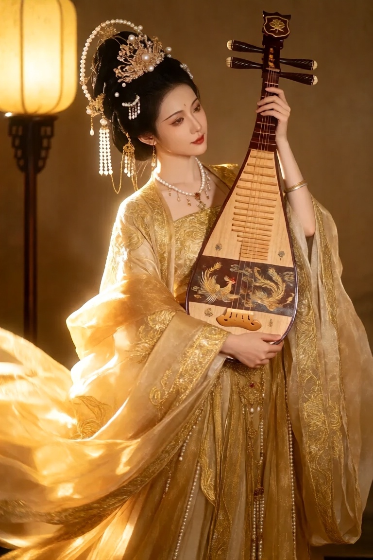 the image depicts a person dressed in an elaborate,  traditional chinese outfit,  likely inspired by ancient hanfu or tang...