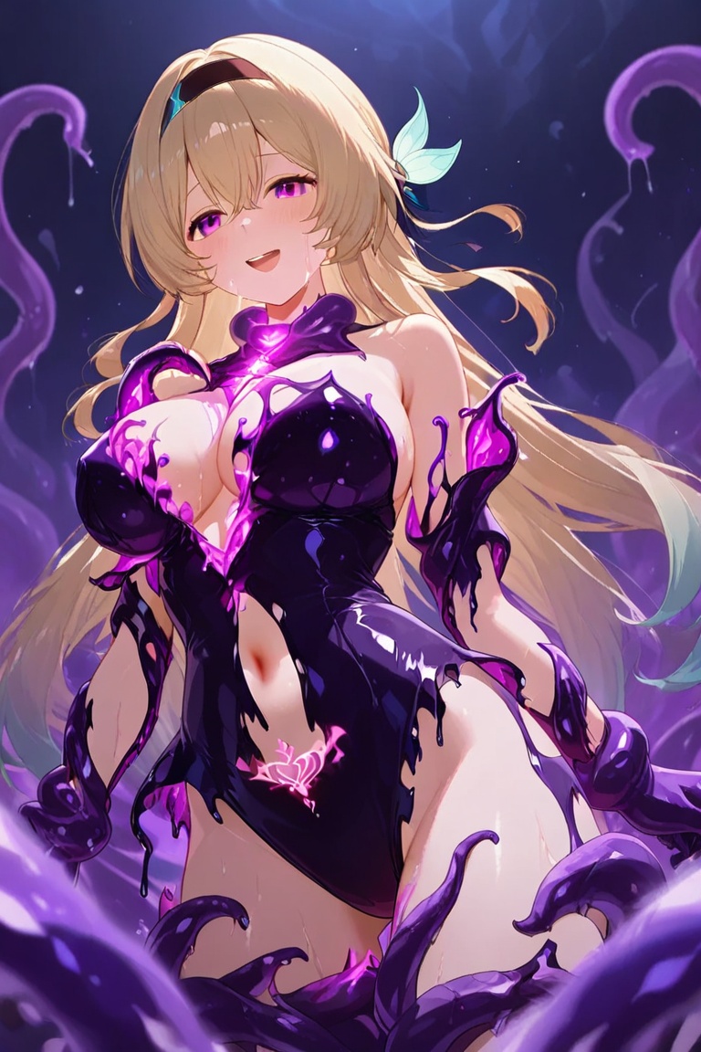 A glowing mark on the belly,  Dissolving clothing,  Slime costume on Tensor.Art