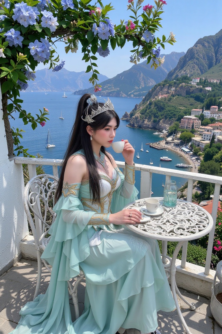 A regal queen with long dark hair styled in a high ponytail with a towering silver crown ornament,  wearing an intricate m...