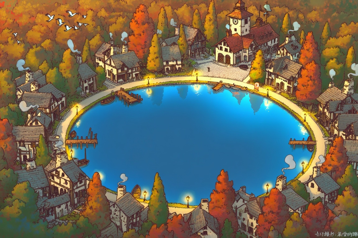 A charming,  elevated-angle illustration depicts a circular city layout surrounding a perfectly still,  deep blue lake in...