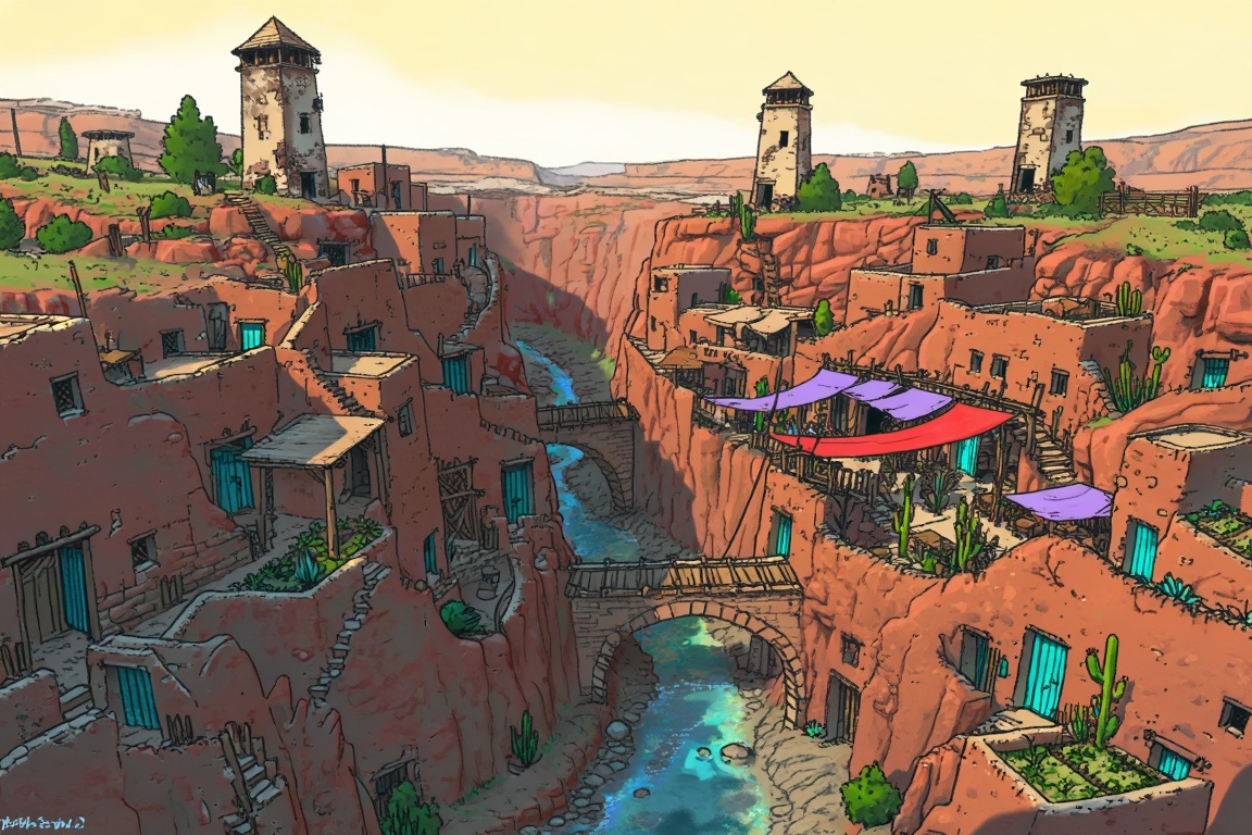A stunning,  bird's-eye view illustration depicts an ancient city carved directly into the floors and walls of a deep,  wi...