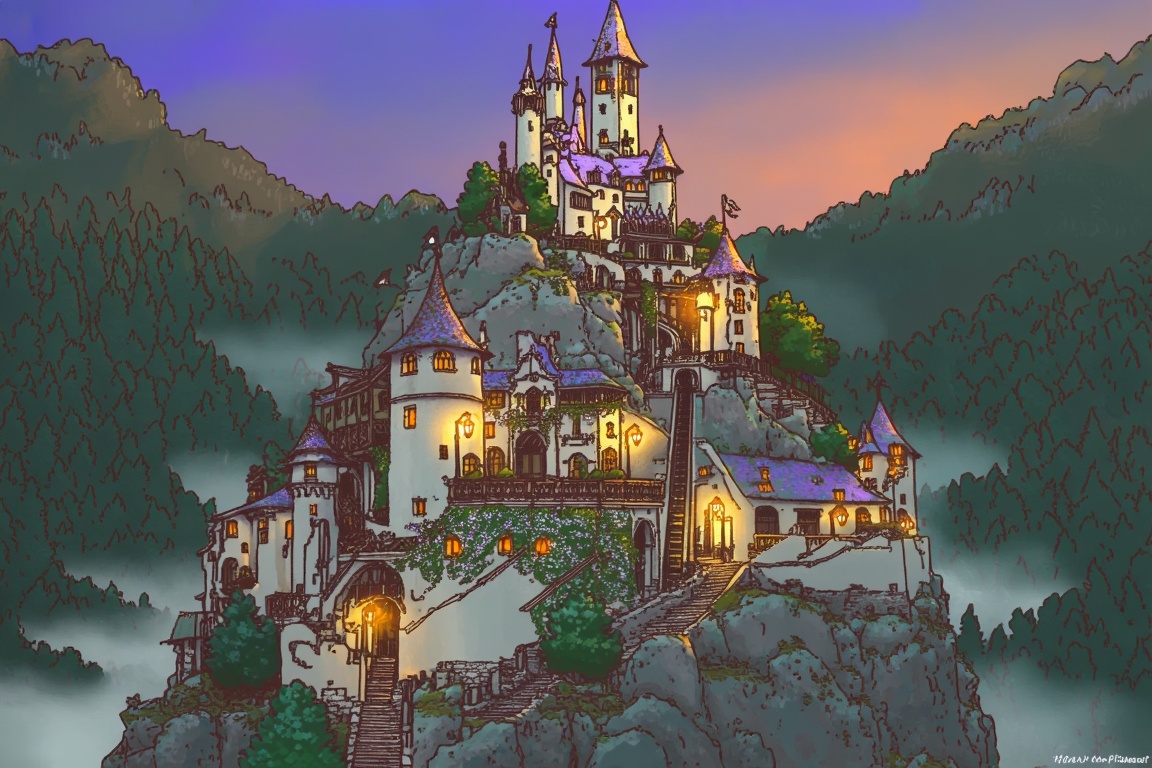 An enchanting,  top-down illustrative map depicts a city built onto the tiers of a steep,  rocky mountain. The city layout...