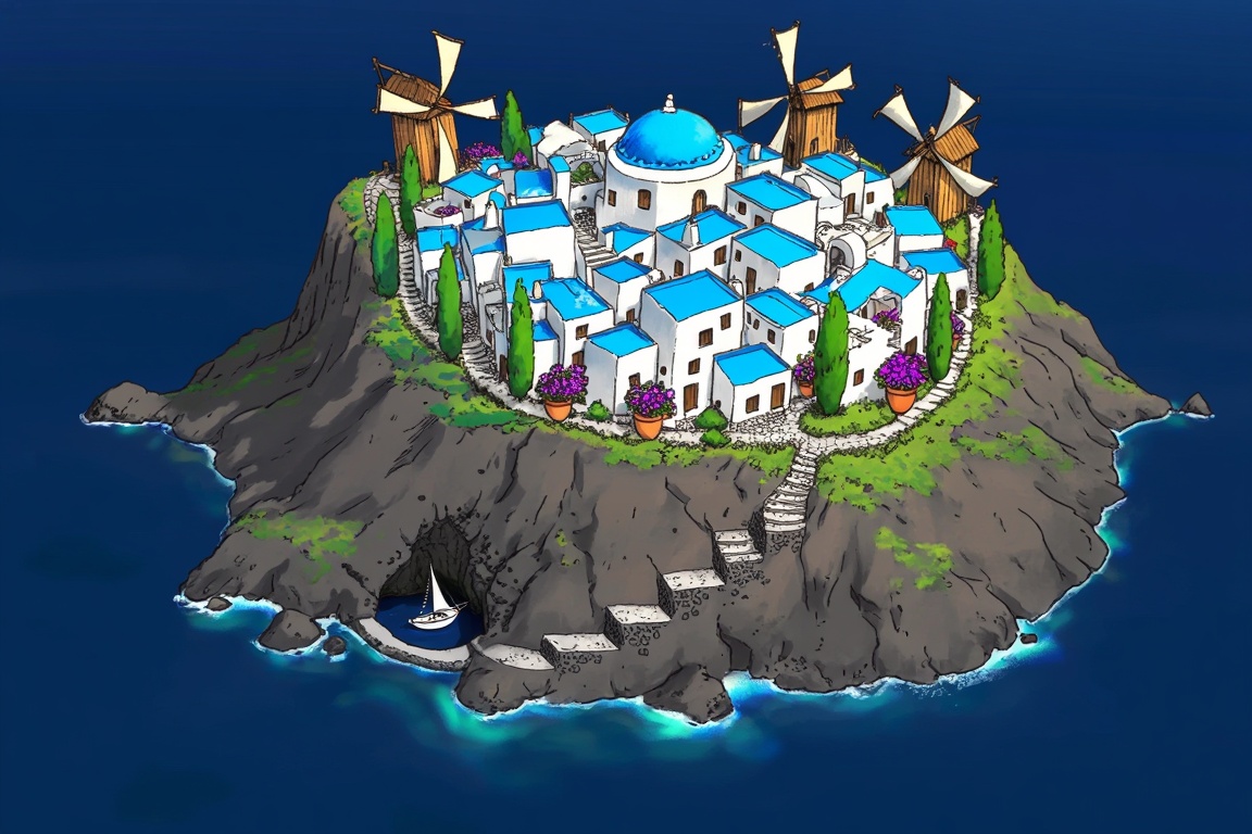 A breathtaking illustration bird’s-eye view depicts a tiny,  circular village perched on the very peak of a volcanic islan...